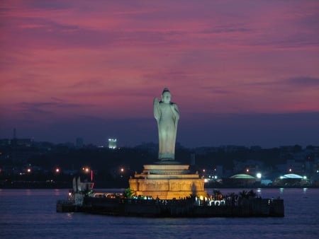 Buddha Statue, Hyderabad Lake ~ India - hyderabad, sunset, island, lake, india, buddha