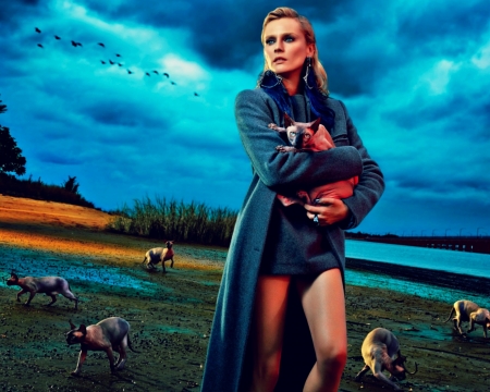 Diane Kruger - diane kruger, woman, actress, girl, cat, blue, orange, green