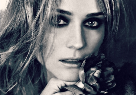 Diane Kruger - woman, diane kruger, actress, girl, black, rose, white, face, flower