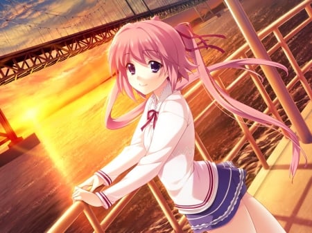 Sunset - face, pretty, happy, beautiful, anime, sunset, girl