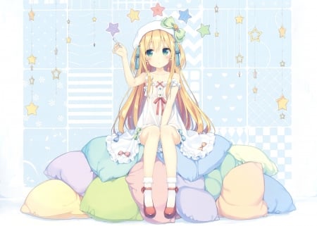 Painting The Stars - anime, pillows, girl, bows, cute, long hair, stars