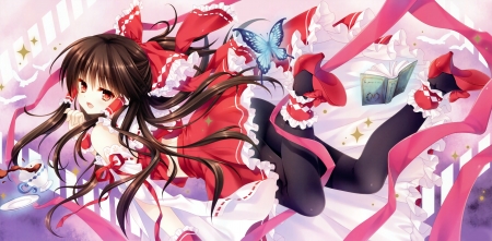 Hakurei Reimu - anime, japanese clothes, touhou, butterfly, brown hair, hakurei reimu