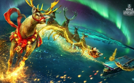 World of Warship - game, yellow, blue, city, santa claus, christmas, fantasy, craciun, red, world of warship, aurora borealis, reindeer, art