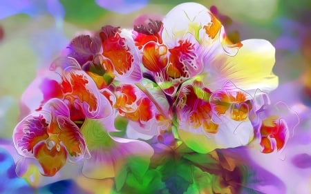 Orchids - abstract, yellow, poster, orchid, flower, purple, red, green, painting, texture, art