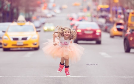 Little girl - fun, little girl, yellow, girl, blonde, pink, orange, child, street, smile, meg bitton, car, funny, cute