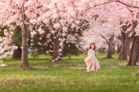 Spring - pink, green, child, tree, garden, little girl, spring, dress