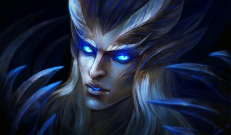 Dragonus - face, dragonus, black, game, eyes, dota, blue, art, luminos, man