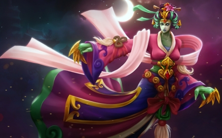 Death Prophet - game, geisha, blue, kimono, dota, pink, fantasy, purple, green, art, death prophet, japanese