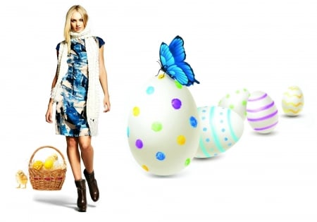 Candice Swanepoel - woman, easter, basket, model, white, purple, yellow, stripes, egg, dot, candice swanepoel, girl, chicken, butterfly, blue, by cehenot, dress