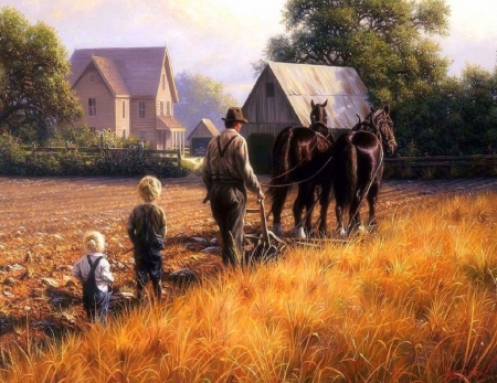 Business in the Family - love four seasons, pretty, horses, children, family, lovely, fields, kids, paintings