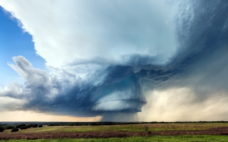 Terrible nature - nature, blue, cloud, landscape, tornado, field, sky