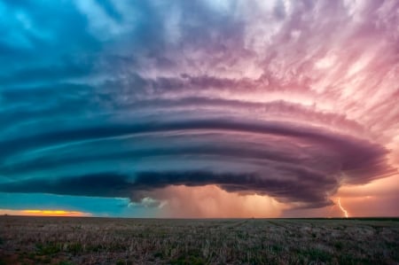 Magnificent and terrible nature - storm, nature, blue, landscape, tornado, field, pink