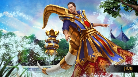 Songkran Parallax - game, blue, man, LhuneArt, Heroes of Newerth, fantasy, red, parallax songkran, golden, art