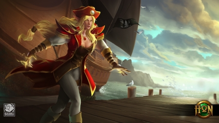 Artesia - red, artesia, game, ship, pirate, girl, art, heroes of newerth, fantasy, hat, sea, woman