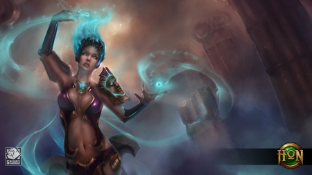 Moira - moira, woman, heroes of newerth, art, girl, game, blue, fantasy