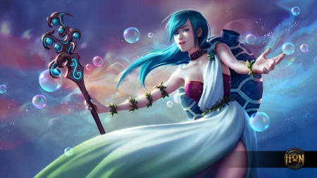 Aquarius - heroes of newerth, fantasy, game, girl, woman, blue, aquarius bubbles, art