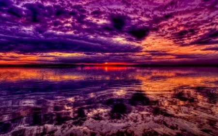 Amazing sky reflection - purple, beautiful, ocean, sky, reflection, clouds, sunset, sea, colorful