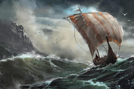 Vikings on Hard Journey - journey, storm, boat, artwork, ocean, sail