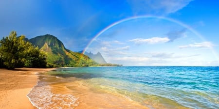 Rainbow Beach - beach, beautiful, sea, sand, islands, Hawaii, rainbow, cliffs, mountains