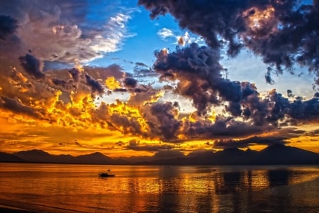 Awesome Sunset - nature, sky, lake, landscape, boats, clouds, sunset