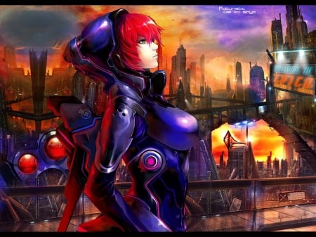 Future City - city, anime, girl, mecha