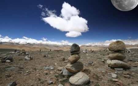 Moon over Tibet an plateau - clouds, abstract, moon, photography, landscape, scene, HD, stones, nature, field, sky, rocks, wallpaper