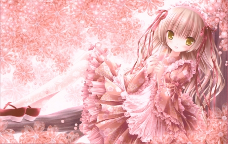 Lolita fashion - in the tree, tinkerbell, pink, cute, spring, anime, girl, dress, manga, lolita fashion