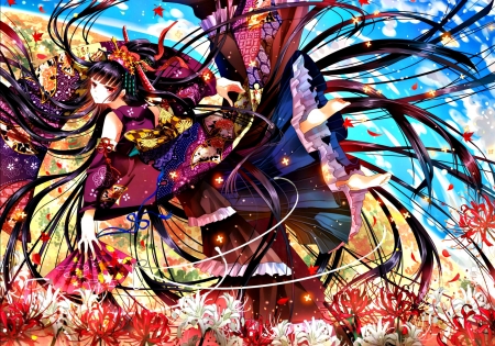 Anime girl - nekozuki yuki, anime, obi, blue, dress, girl, fan, flower, black, manga, red, spider lily