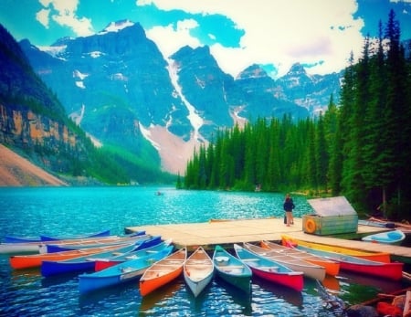 Moraine Lake in Alberta - Canada - attractions in dreams, sky, trees, boats, summer, mountains, nature, lakes, love four seasons, clouds, beauty of nature