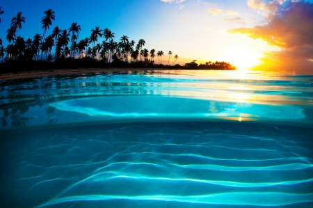 Liquid Crystal - yellow, summer, blue, beautiful, beaches, sea, sand, islands, sunset, tropical, palm trees, paradise, sky