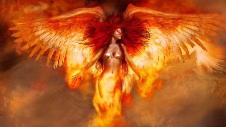 Spirit of the Phoenix - women, fantasy, redhead, magic, fire, angel