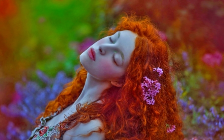 Night Blooms - women, redhead, flowers, photography