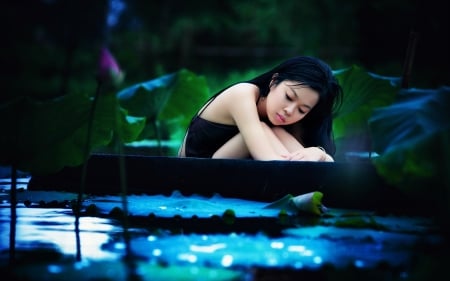 Sitting Pretty - asian girl, lilies, beauty, boat