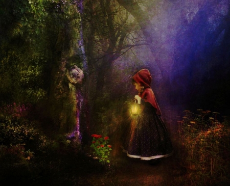 Red Riding Hood - fairytale, artwork, girl, forest, dark