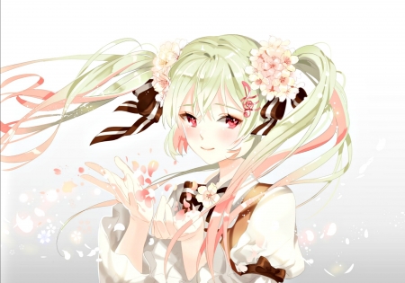 Sakura Miku - anime, vocaloid, platina77, girl, hatsune miku, flower, pink, manga, white, green, art