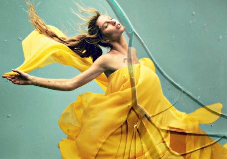 Gisele Bundchen - yellow, shards, blue, dress, girl, Gisele Bundchen, woman, model, glass