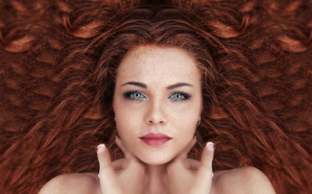 Redhead - face, beauty, model, blue eyes, girl, woman, redhead, freckles