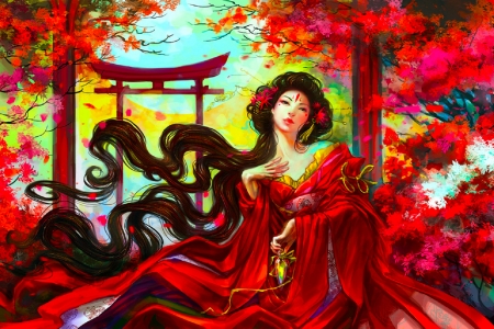 Asian Beauty - red, digital, fantasy, beautiful, girl, asian, woman, art