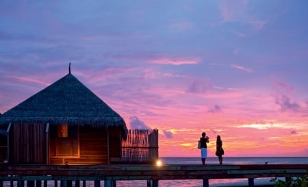 Beautiful - two, ocean, evening, bungalows, sunset