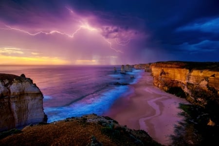 Lightning - rocks, water, evening, beautiful, beach, amazing, ocean, night, australia, sky, coast, view, sunset, sea, waves