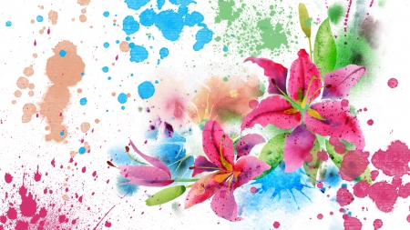 Splattered Painted Flowers - lilies, watercolor, colorful, summer, spring, paint, bright, splattered, flowers, splash