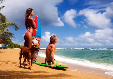 Vacation in paradise - woman, vacation, ocean, dog, men