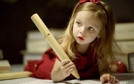 little girl - people, eyes, belle, studio, book, sightly, white, face, childhood, fair, prone, little, bonny, adorable, child, beautiful, pink, sweet, beauty, writes, photography, pretty, baby, cute, kid, dainty, girl, pen, lovely, pure, comely, blue, desktopnexus, blonde