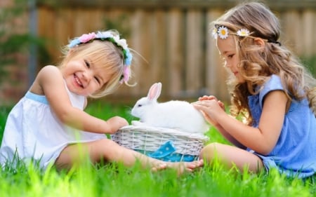 little girl - dainty, pretty, Rabbit, people, blue, grass, child, fair, nice, bonny, Fun, kid, sightly, DesktopNexus, girl, baby, Belle, comely, nature, 2 girls, green, little