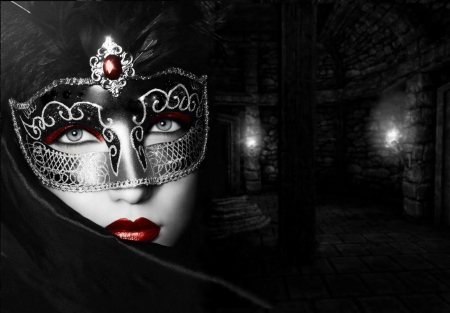 Light in darkness - woman, mask, lips, red