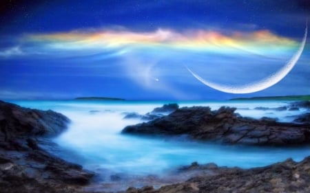 HORIZON - MISTY, CLOUDS, SKY, HORIZON, BLUE, STARS, MOON, ROCKS, OCEAN, NIGHT