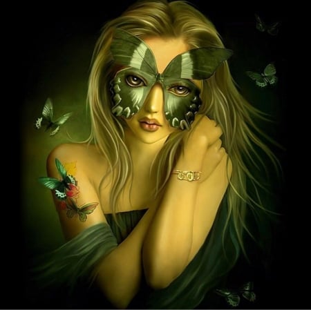 GREEN BUTTERFLY - BUTTERFLIES, FEMALE, MASK, GREEN