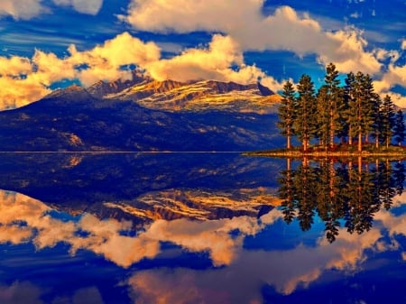 Reflecting Clouds - nature, sky, lake, landscape, trees, clouds, mountains