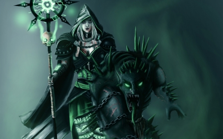 Sorceress And Pet Demon - sorceress, chains, demon, staff