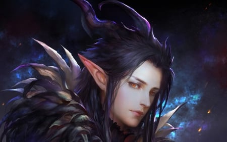 Demon - anime, blue, man, dark, horns, elf, black, fantasy, purple, face, art, demon